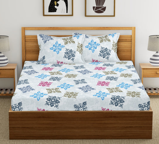 Blue Square Floret | 186 TC | Double Size Bedsheet