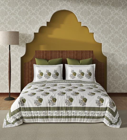 Jaipuri Print White & Green | 210 TC | King Bedsheet