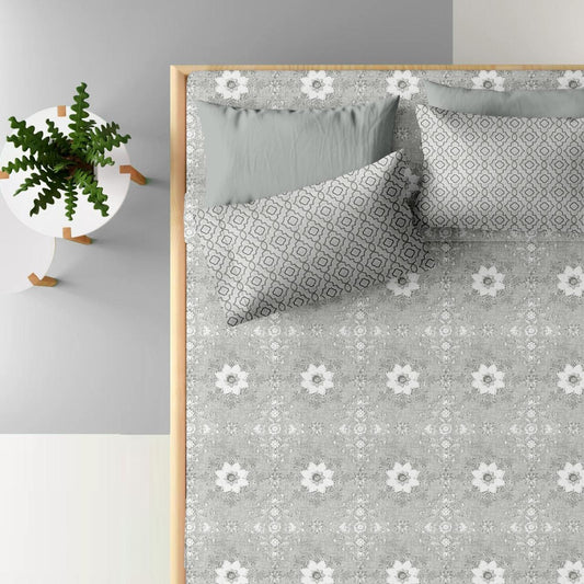 Grey Blossom Flower | 210 TC | King Size Bedsheet